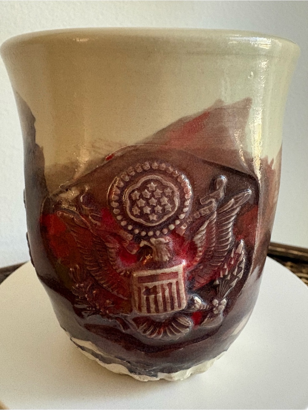 Ehren Tool Signed Ceramic Art Cup 4”x3.5” Eagle Seal Handmade Studio Pottery